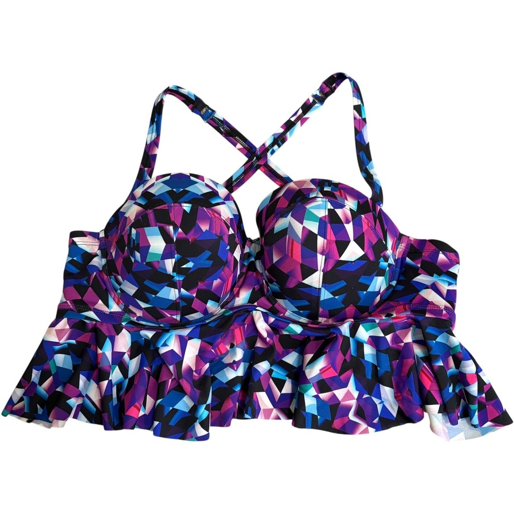 Torrid Womens XL Bikini Top Purple Blue Geometric Peplum Underwire Retro